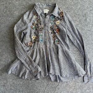 HD In Paris Shirt Womens XS Embroidered Floral Button Down‎ Peplum Boho Cottage